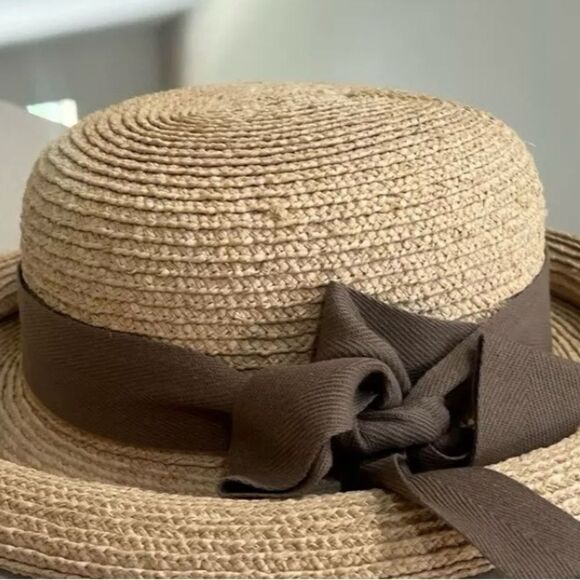 Vintage Helen Kaminski Raffia Straw Hat Rolled Brim Brown Bow hat block Like New - Picture 13 of 14